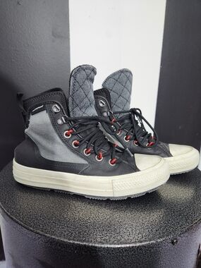 Converse Black and Gray High-Top Sneakers with Red Eyelets